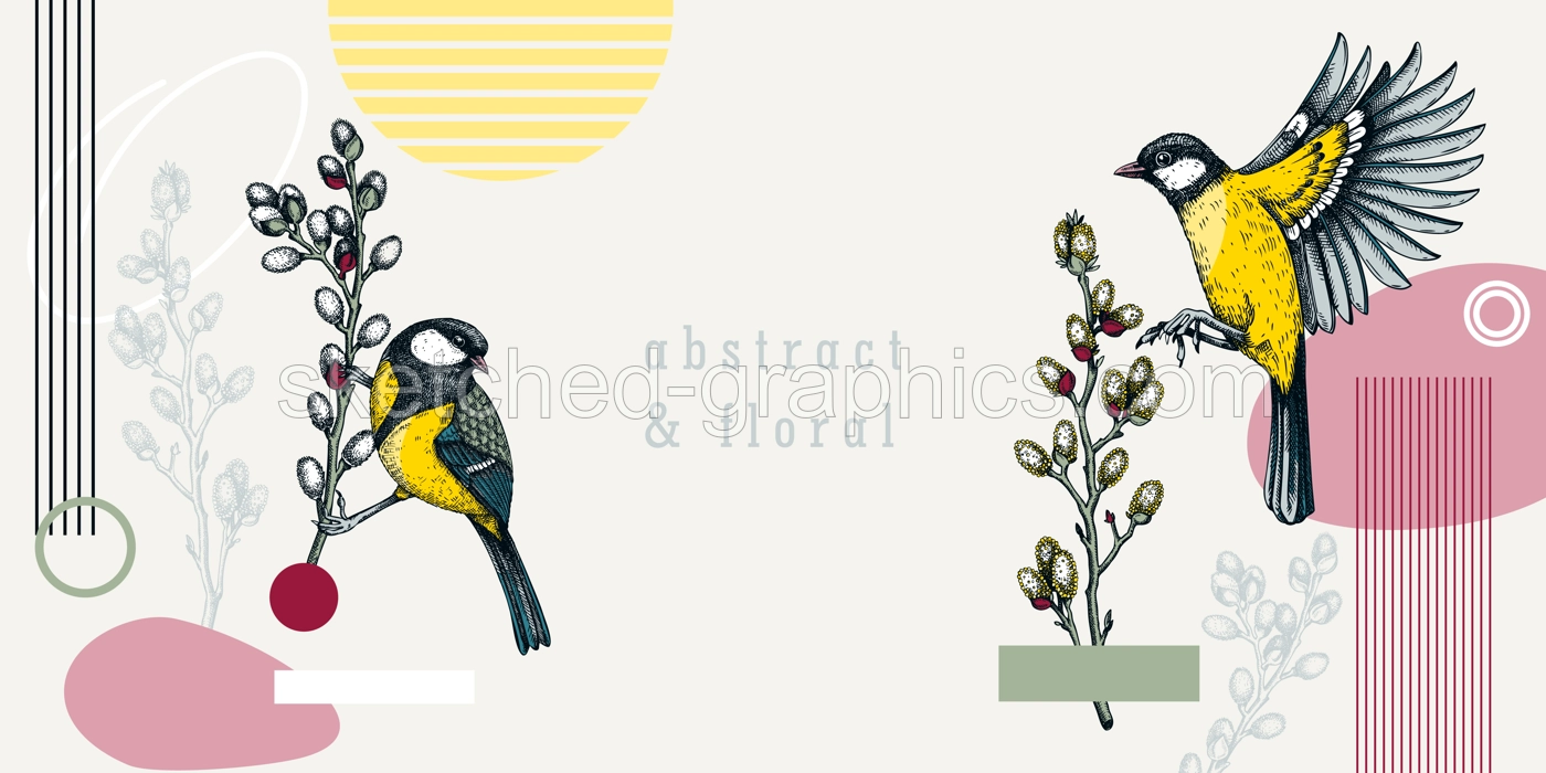 Collage style spring background design. Flying great tit and willow branches vector sketches. Hand drawn passerine bird illustration, floral elements and geometric shapes. Trendy wildlife banner Illustration